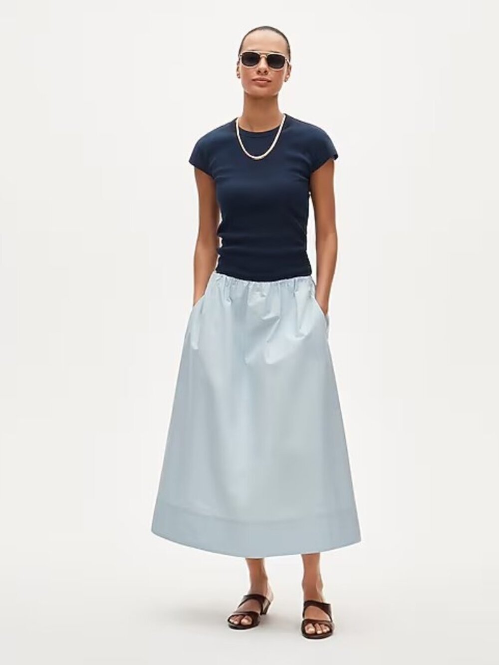 J. Crew Tall Pull-On Midi Skirt in Cotton Poplin Deco Blue